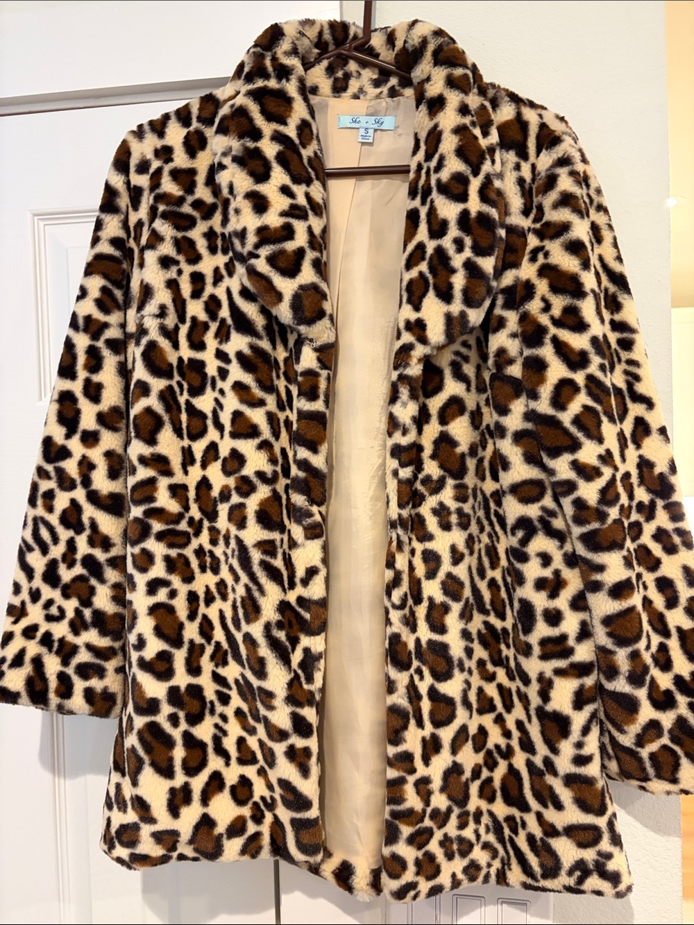 She + Sky Leopard Print Teddy Coat in Tan and Brown